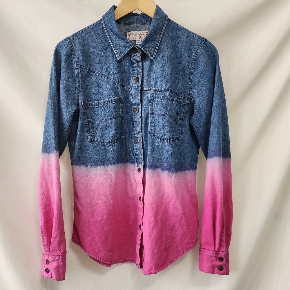 VOLCOM Long Sleeve Cotton Chambre Button Down Pink Ombre Western Barbie Cowgirl